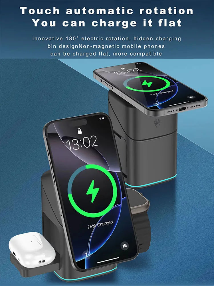 30W 3-in-1 Magnetic Wireless Charging Stand – Rotatable Fast Charger for iPhone & Qi Devices