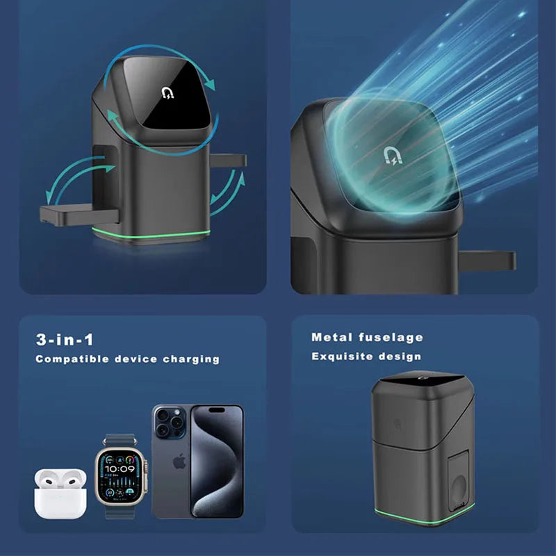 30W 3-in-1 Magnetic Wireless Charging Stand – Rotatable Fast Charger for iPhone & Qi Devices