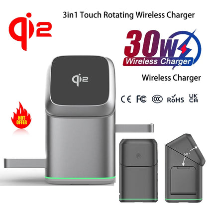 30W 3-in-1 Magnetic Wireless Charging Stand – Rotatable Fast Charger for iPhone & Qi Devices