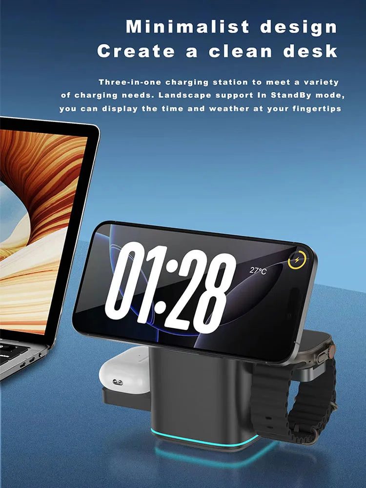 30W 3-in-1 Magnetic Wireless Charging Stand – Rotatable Fast Charger for iPhone & Qi Devices