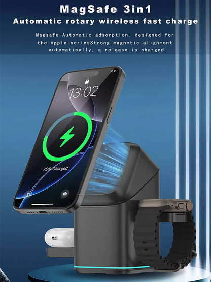 30W 3-in-1 Magnetic Wireless Charging Stand – Rotatable Fast Charger for iPhone & Qi Devices