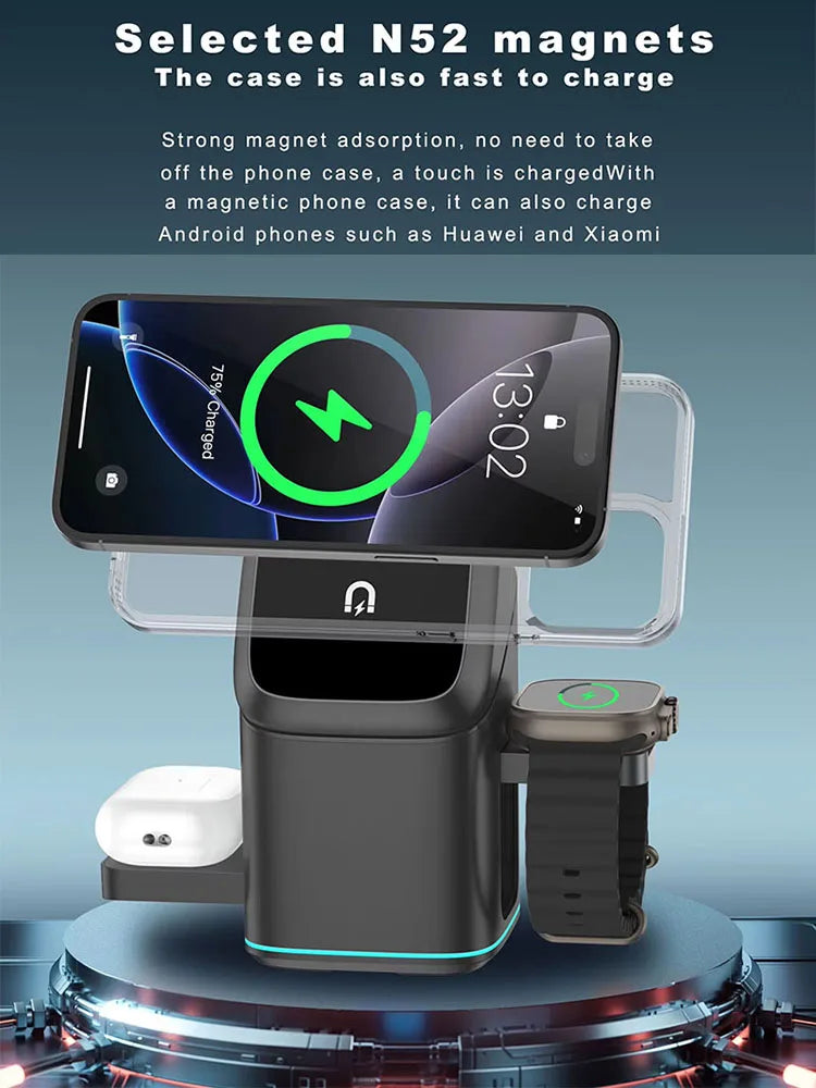 30W 3-in-1 Magnetic Wireless Charging Stand – Rotatable Fast Charger for iPhone & Qi Devices